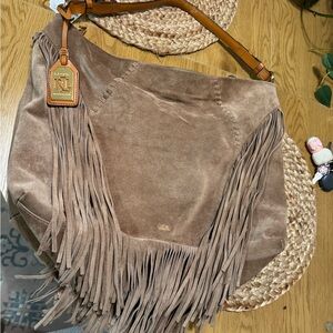 Ralph Lauren Tan Suede Fringe Hobo Bag